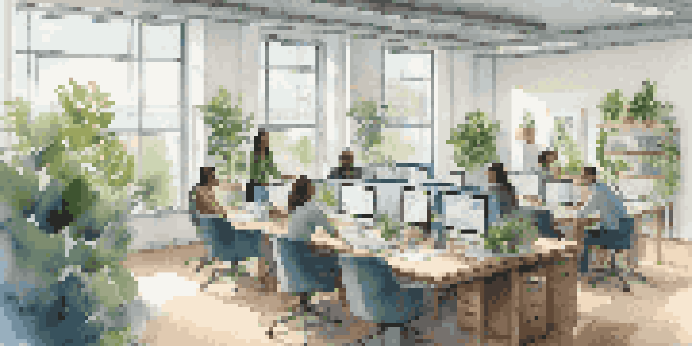 A bright modern office with team members collaborating around a table, surrounded by plants and large windows.