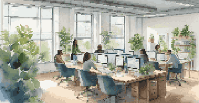 A bright modern office with team members collaborating around a table, surrounded by plants and large windows.