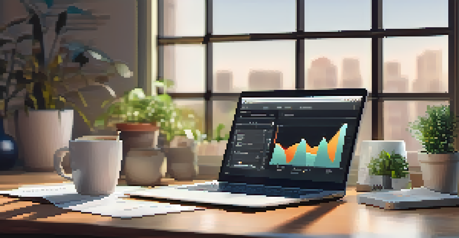 A digital marketing workspace with a laptop showing analytics, a coffee cup, and a plant, illuminated by soft morning light.