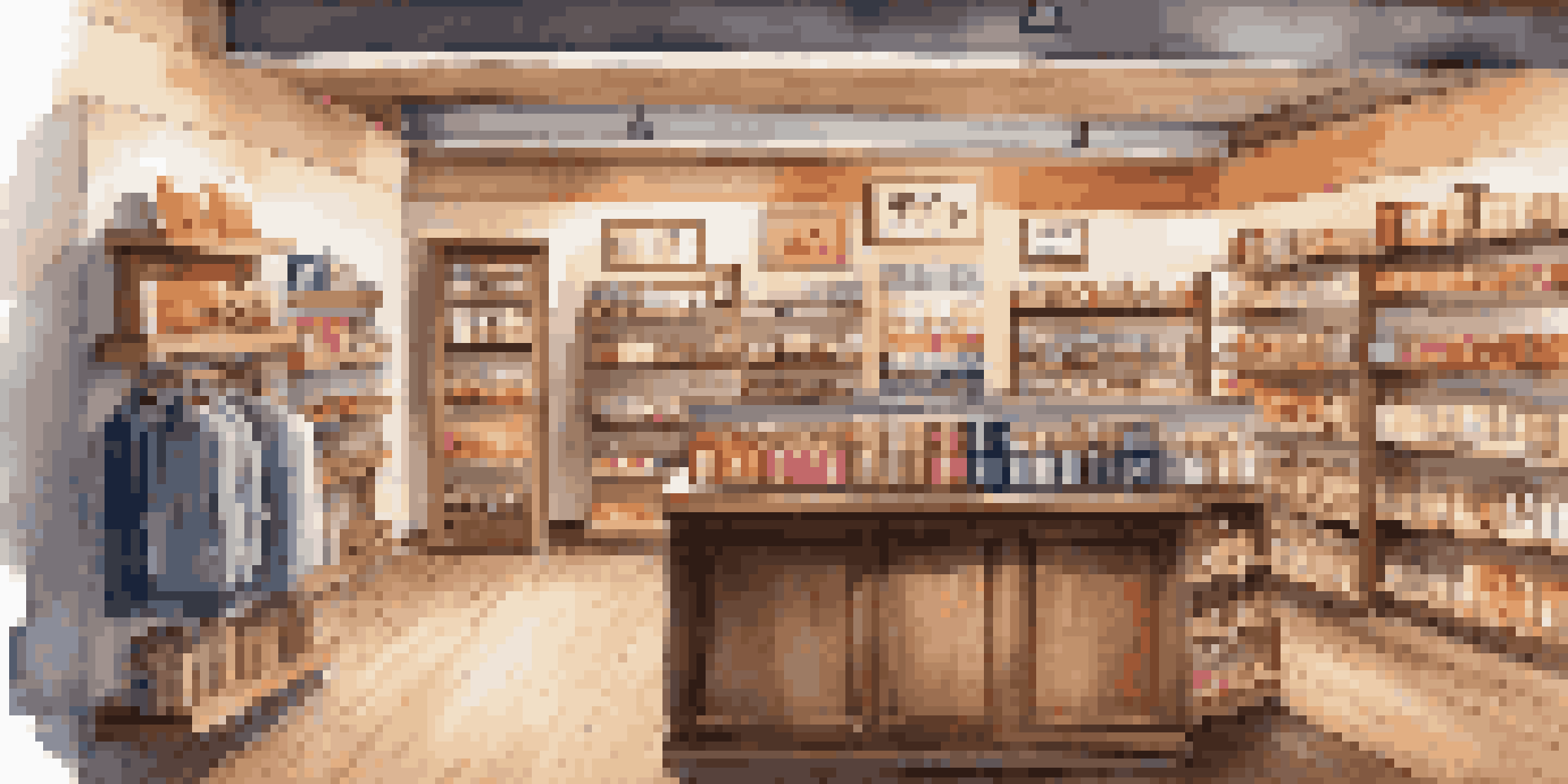 A cozy retail store interior with wooden shelves, colorful products, and warm lighting, showcasing a strong brand identity.