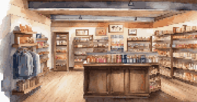 A cozy retail store interior with wooden shelves, colorful products, and warm lighting, showcasing a strong brand identity.