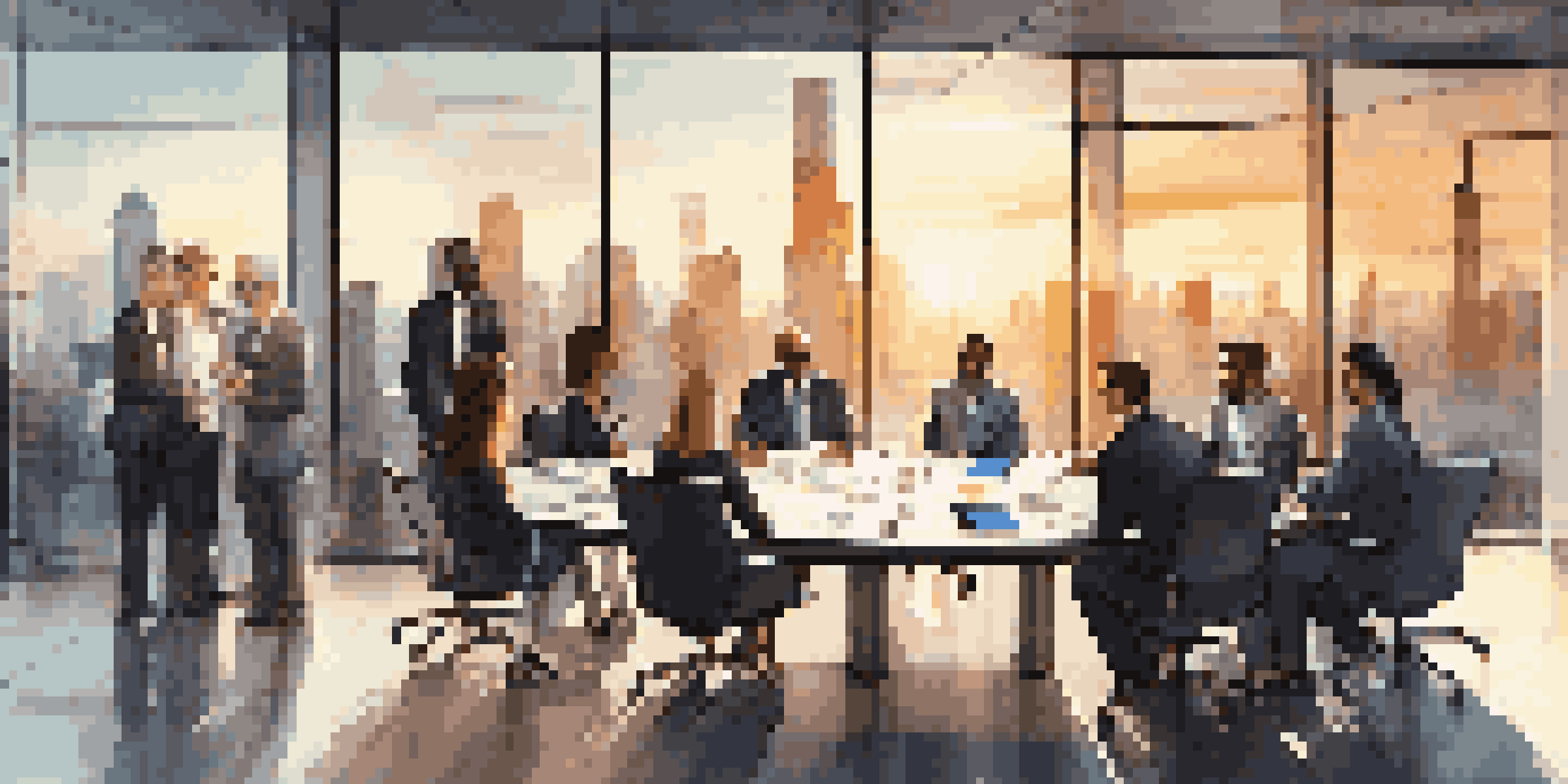 A group of diverse professionals in a modern conference room discussing market analysis, with a city skyline visible through large windows at sunset.