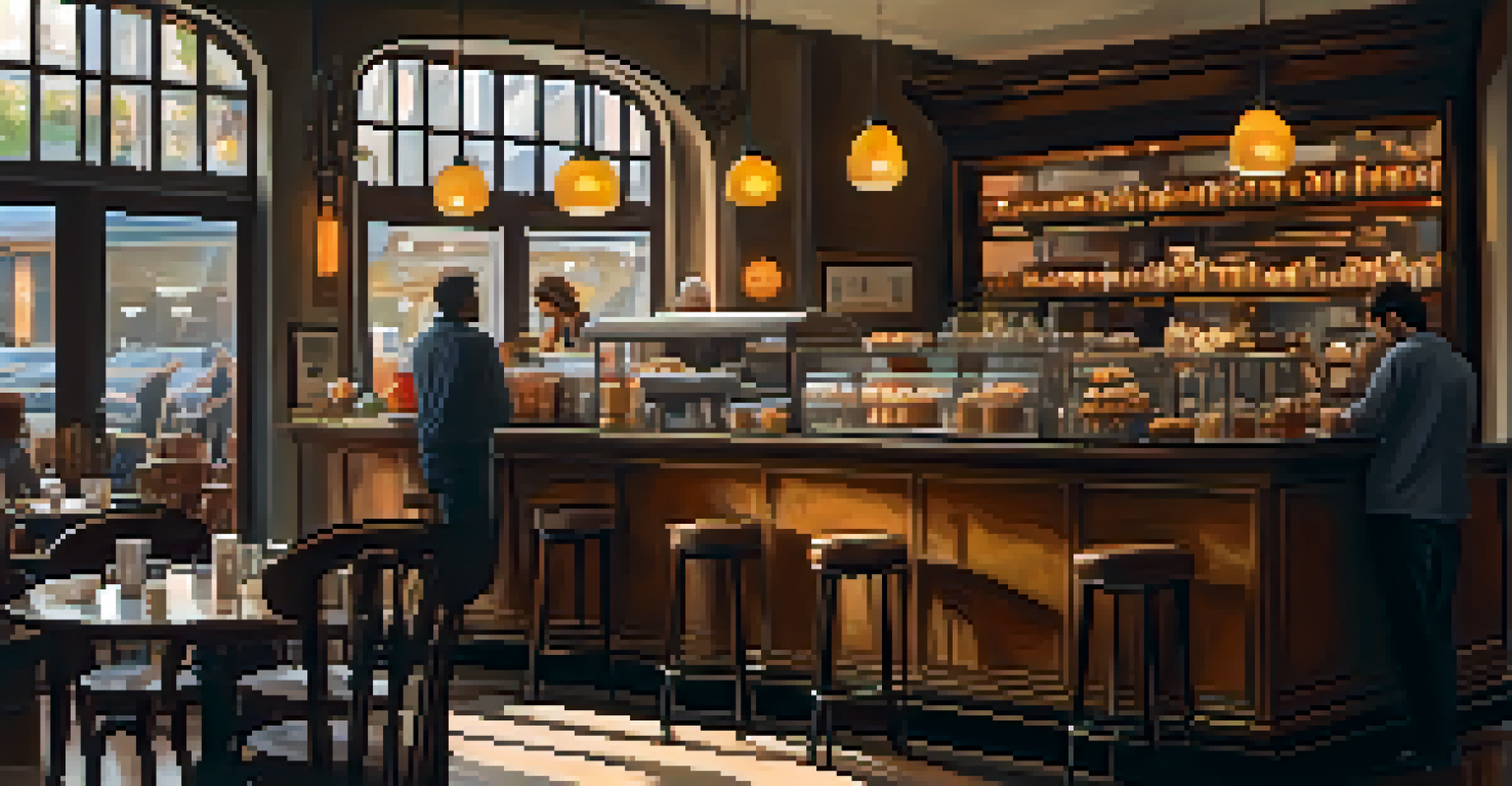 A cozy café interior featuring wooden furniture, warm lighting, and patrons enjoying drinks, with a barista preparing coffee.