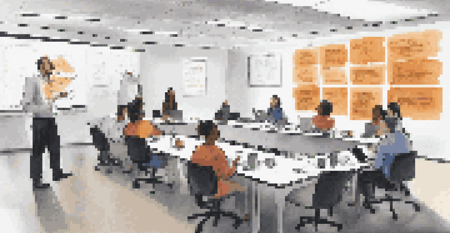 A training session in a modern office with employees learning about crisis management, a projector screen with key points, and bright lighting.