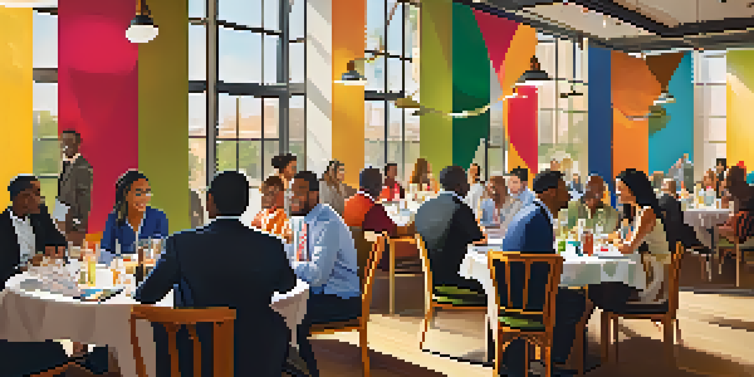 A lively networking event with diverse entrepreneurs engaging in conversations, colorful banners, and warm lighting.