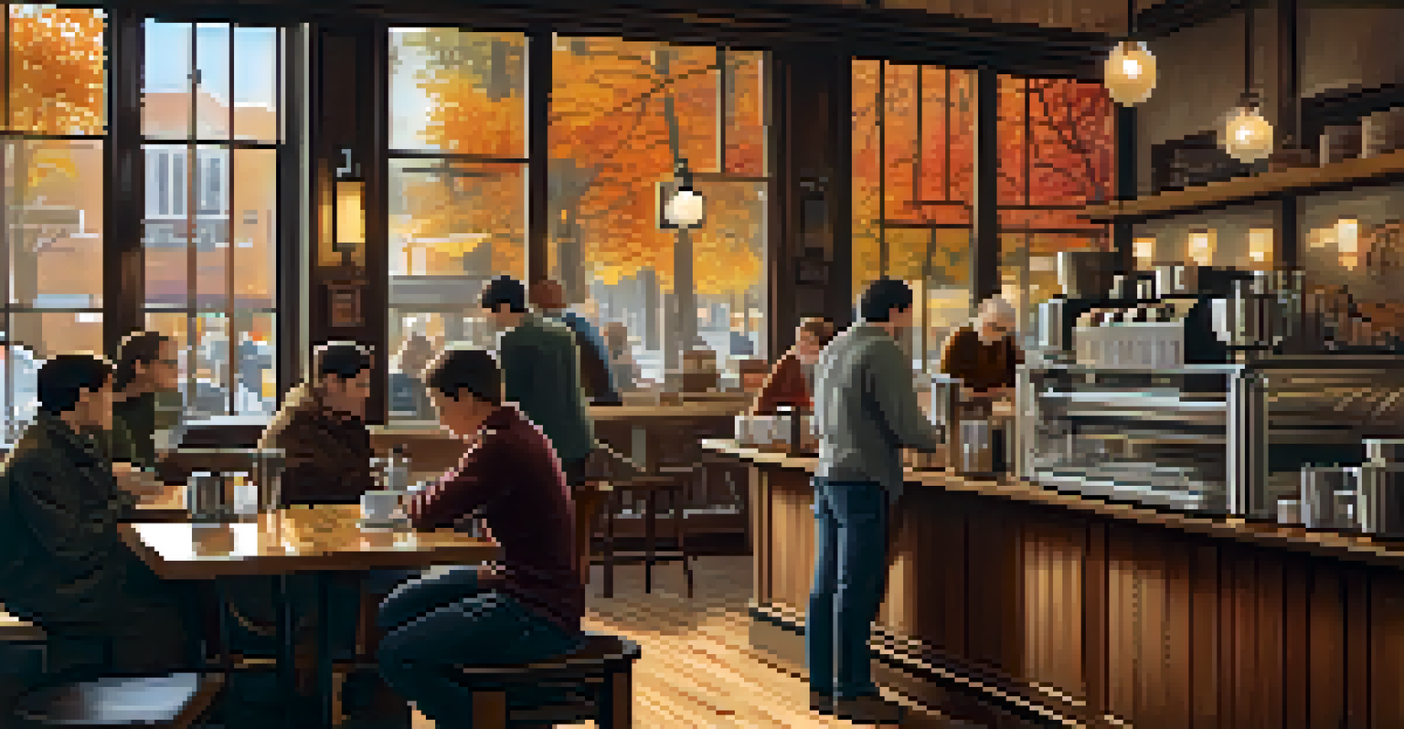 A cozy indoor coffee shop with a barista making latte art, rustic wooden furniture, and warm lighting, with a view of a bustling street outside.