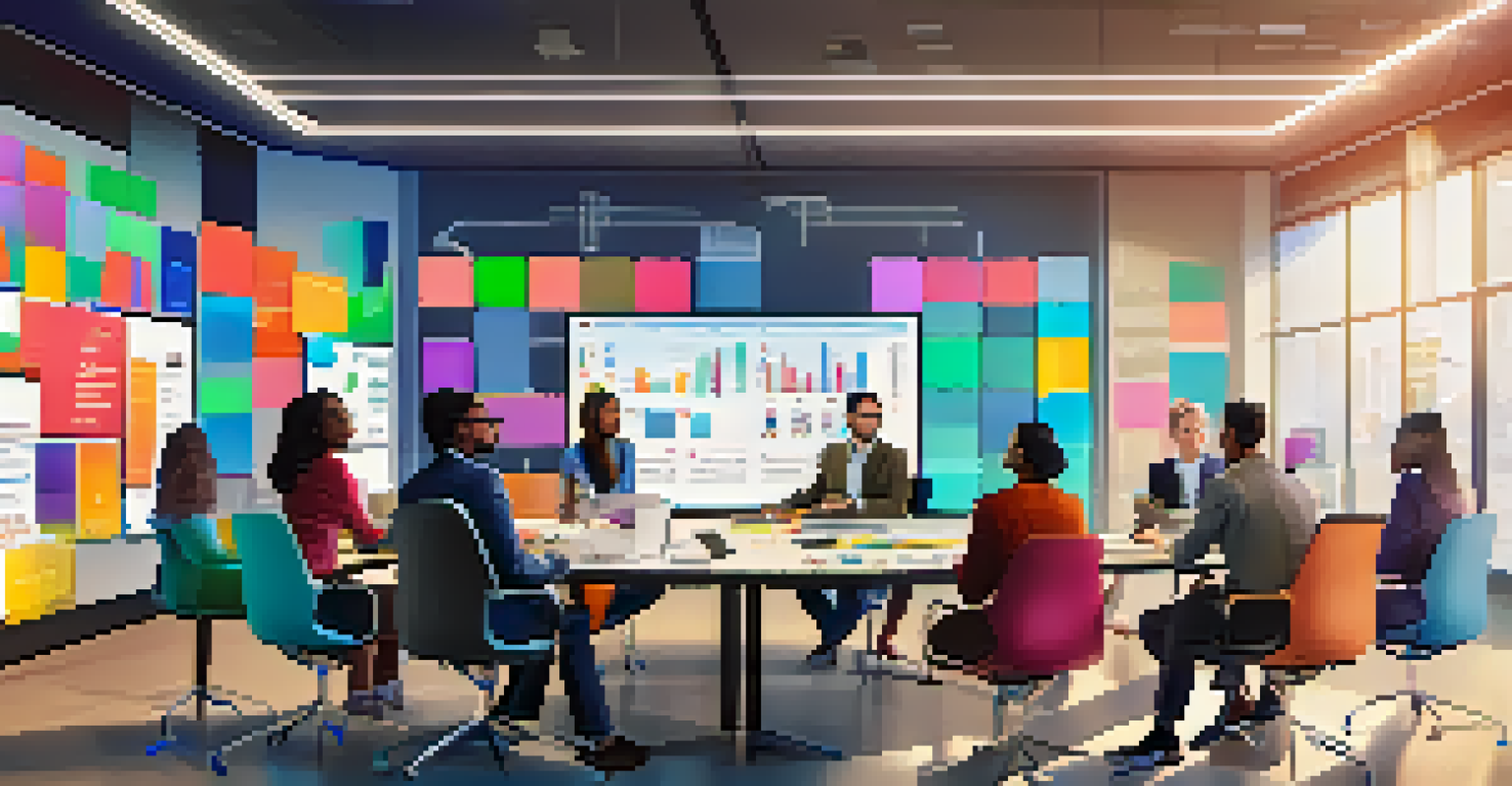 A diverse group of individuals collaborating on social media strategies in a bright meeting room.