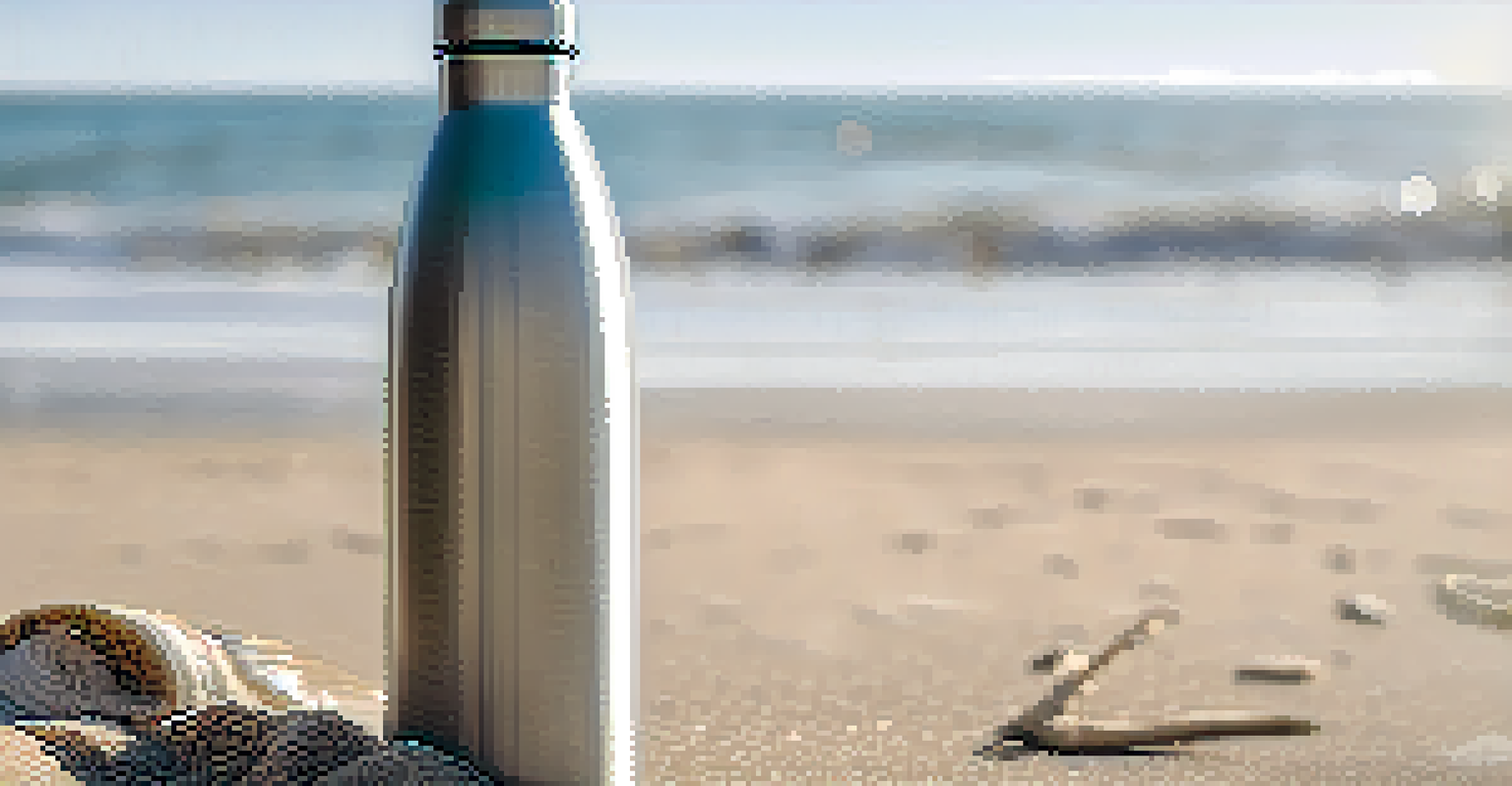 A hand holding a stainless steel reusable water bottle in front of a beach with plastic waste.
