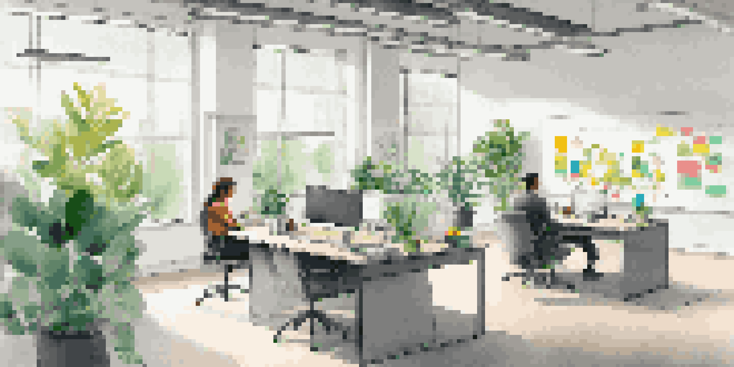 A bright modern office with two employees brainstorming around a whiteboard filled with diagrams, colorful sticky notes on the walls, and plants for a creative atmosphere.