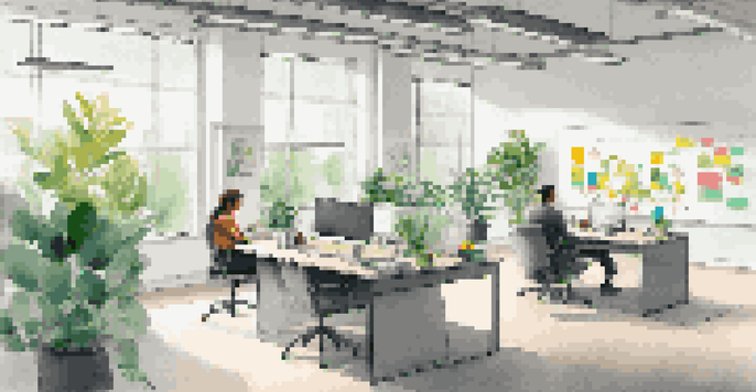 A bright modern office with two employees brainstorming around a whiteboard filled with diagrams, colorful sticky notes on the walls, and plants for a creative atmosphere.