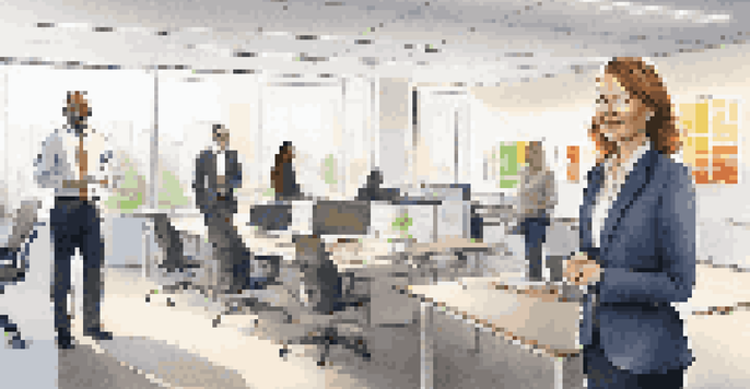 A change agent interacting with a diverse team in a bright, modern office, surrounded by charts and digital displays.