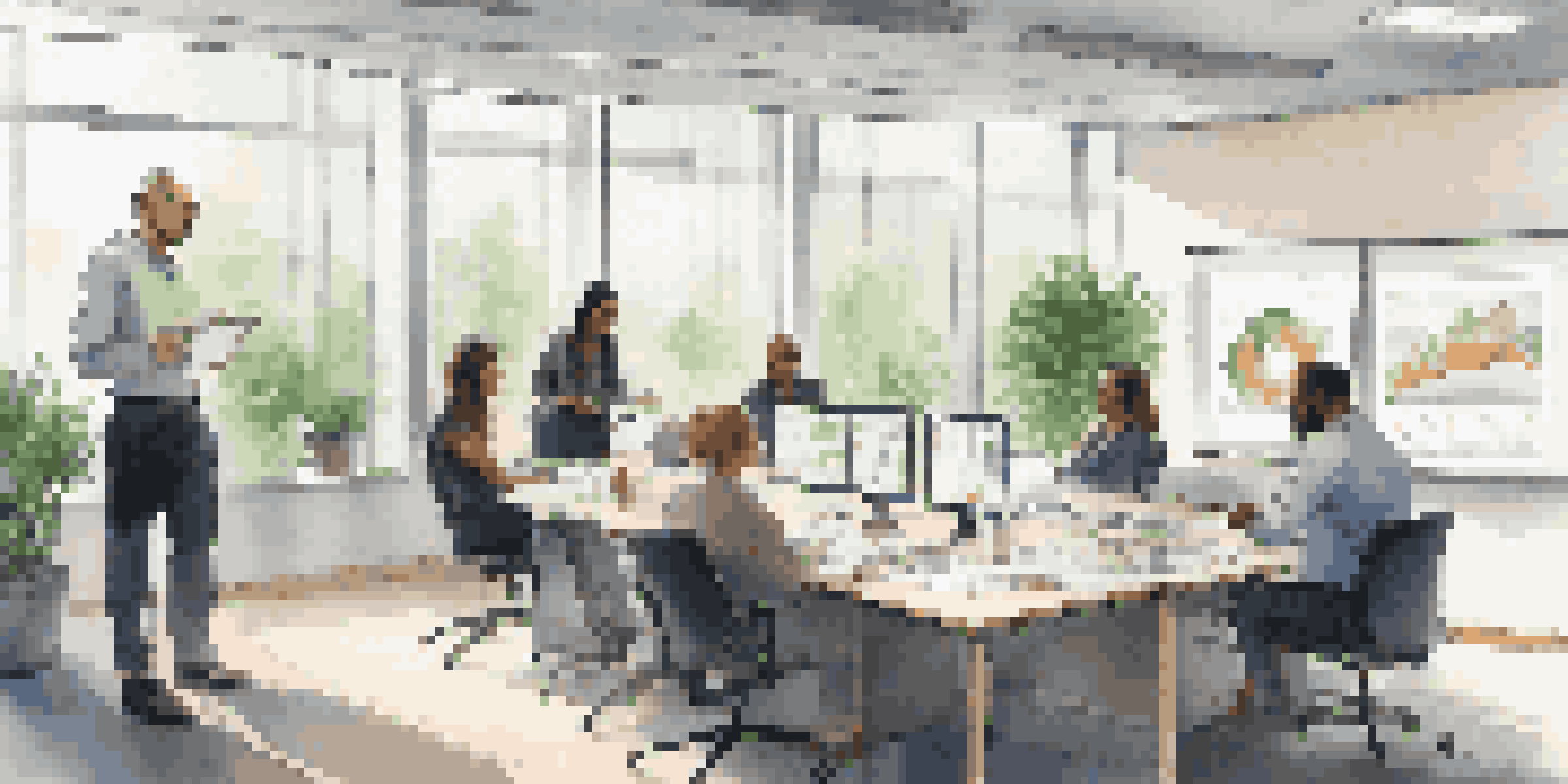 Employees in a modern office setting participating in a business continuity training session, with charts and documents on the table.