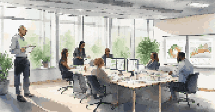 Employees in a modern office setting participating in a business continuity training session, with charts and documents on the table.