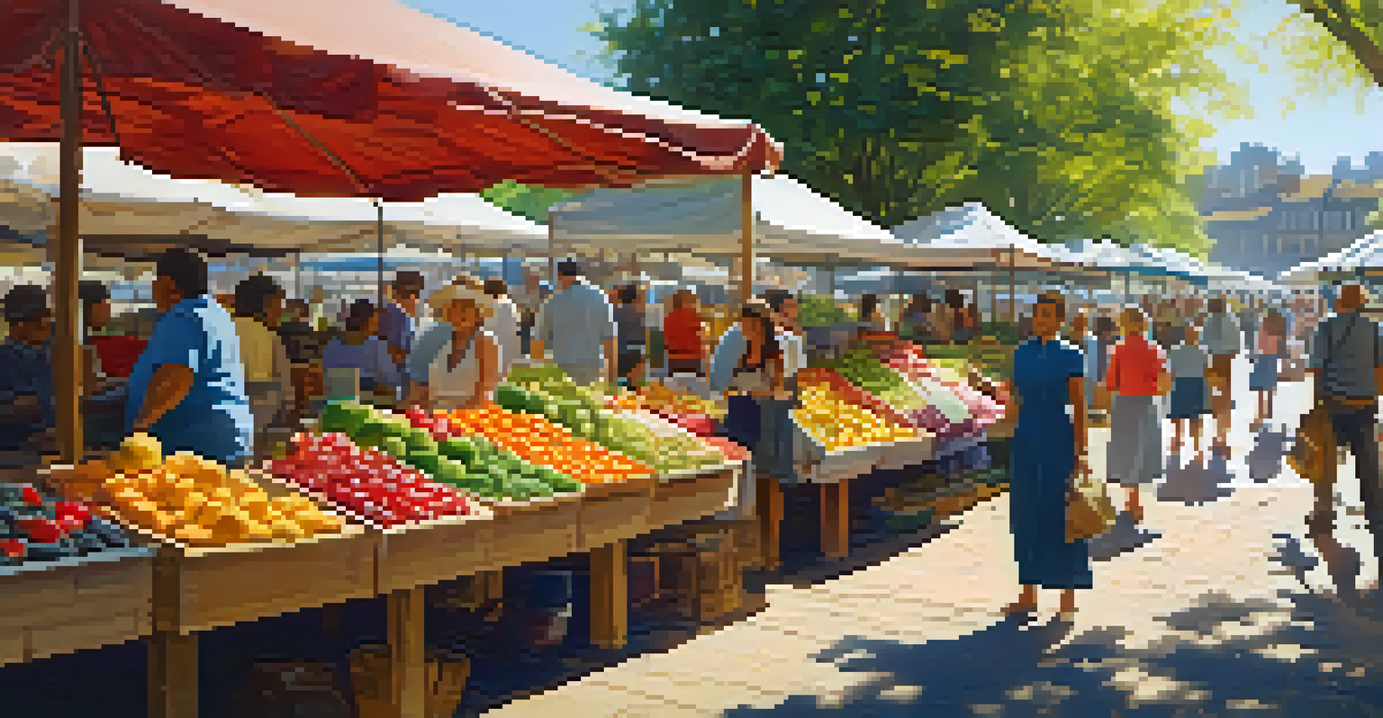 A lively outdoor market with colorful stalls filled with fruits and vegetables, and people shopping and interacting.