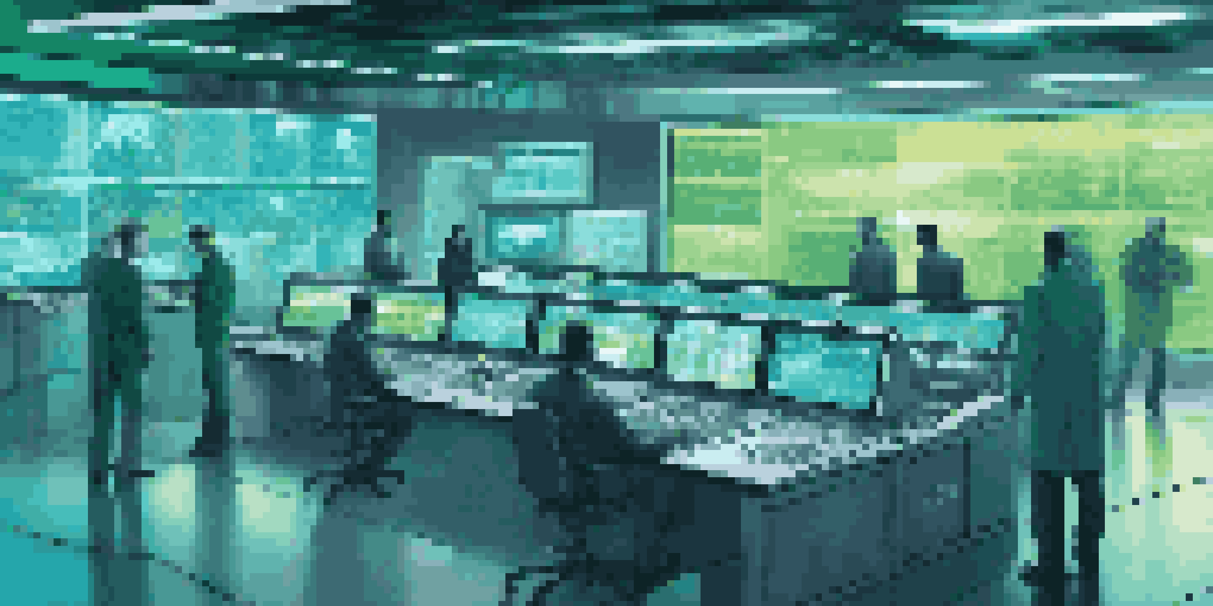 A futuristic control room with engineers analyzing digital twin simulations on large screens.