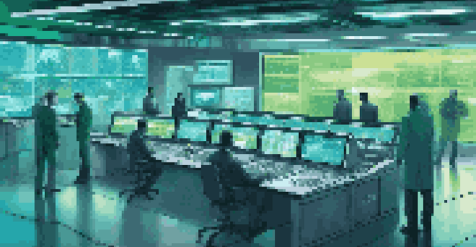 A futuristic control room with engineers analyzing digital twin simulations on large screens.