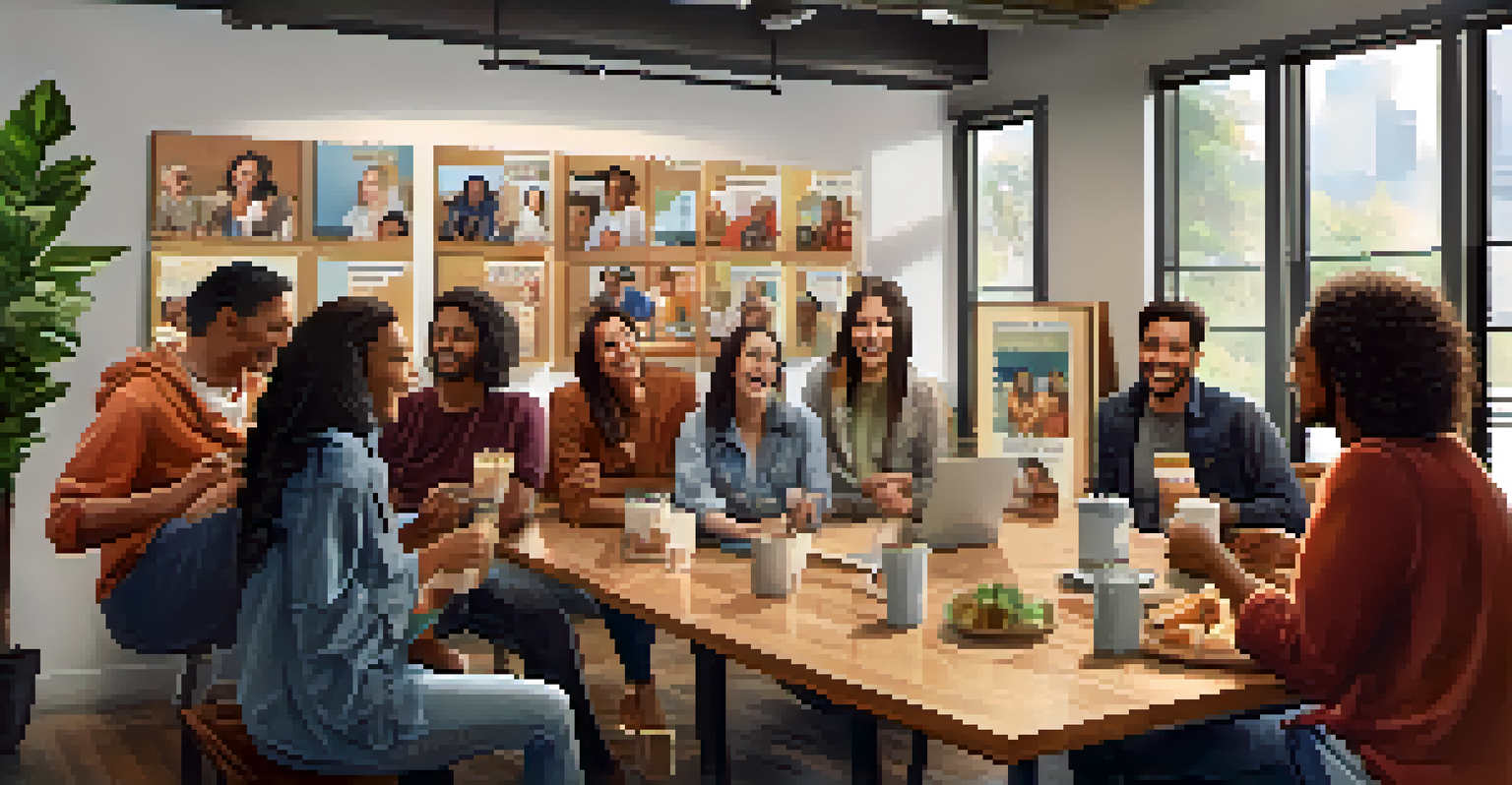 A casual gathering of new employees enjoying coffee and conversation in a cozy break room.