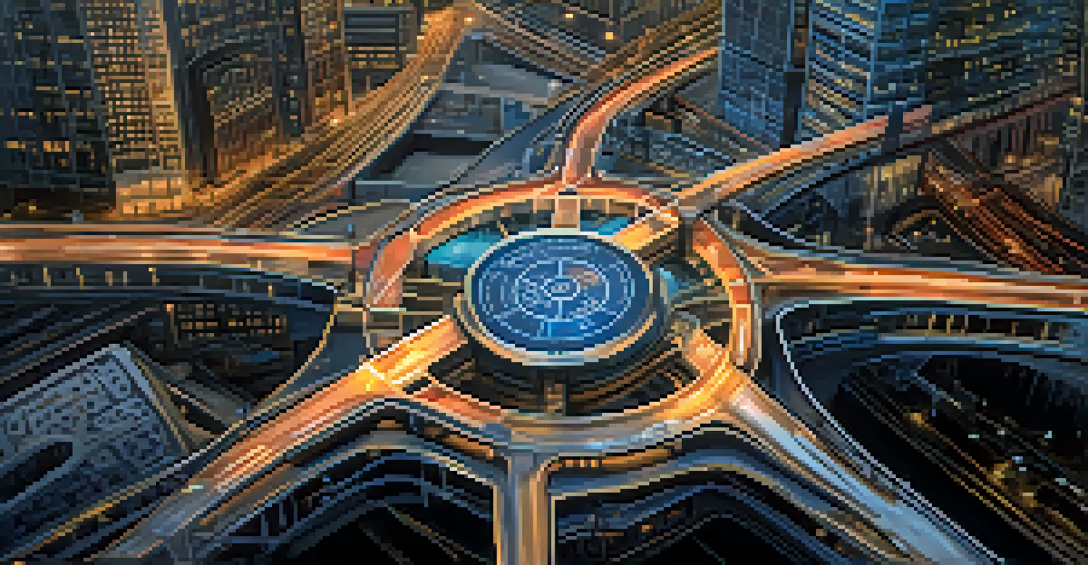 An abstract image of interconnected gears against a city skyline at dusk, representing the integration of regulatory compliance and business continuity.