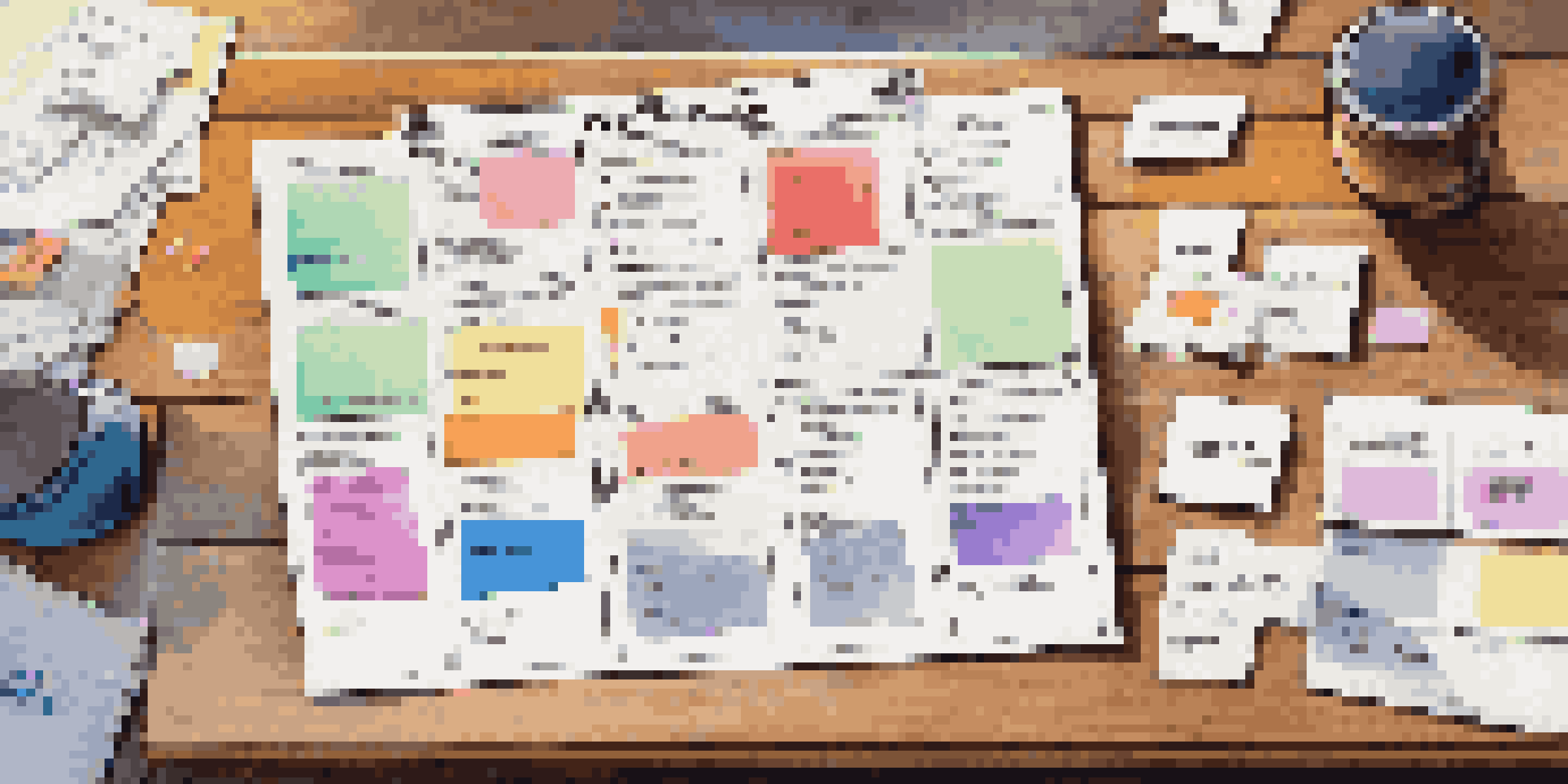 A detailed view of a Business Model Canvas on a wooden table with colorful sticky notes.