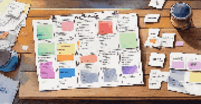 A detailed view of a Business Model Canvas on a wooden table with colorful sticky notes.