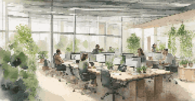 A bright office space with plants and employees working together at a table, emphasizing sustainability and energy efficiency.