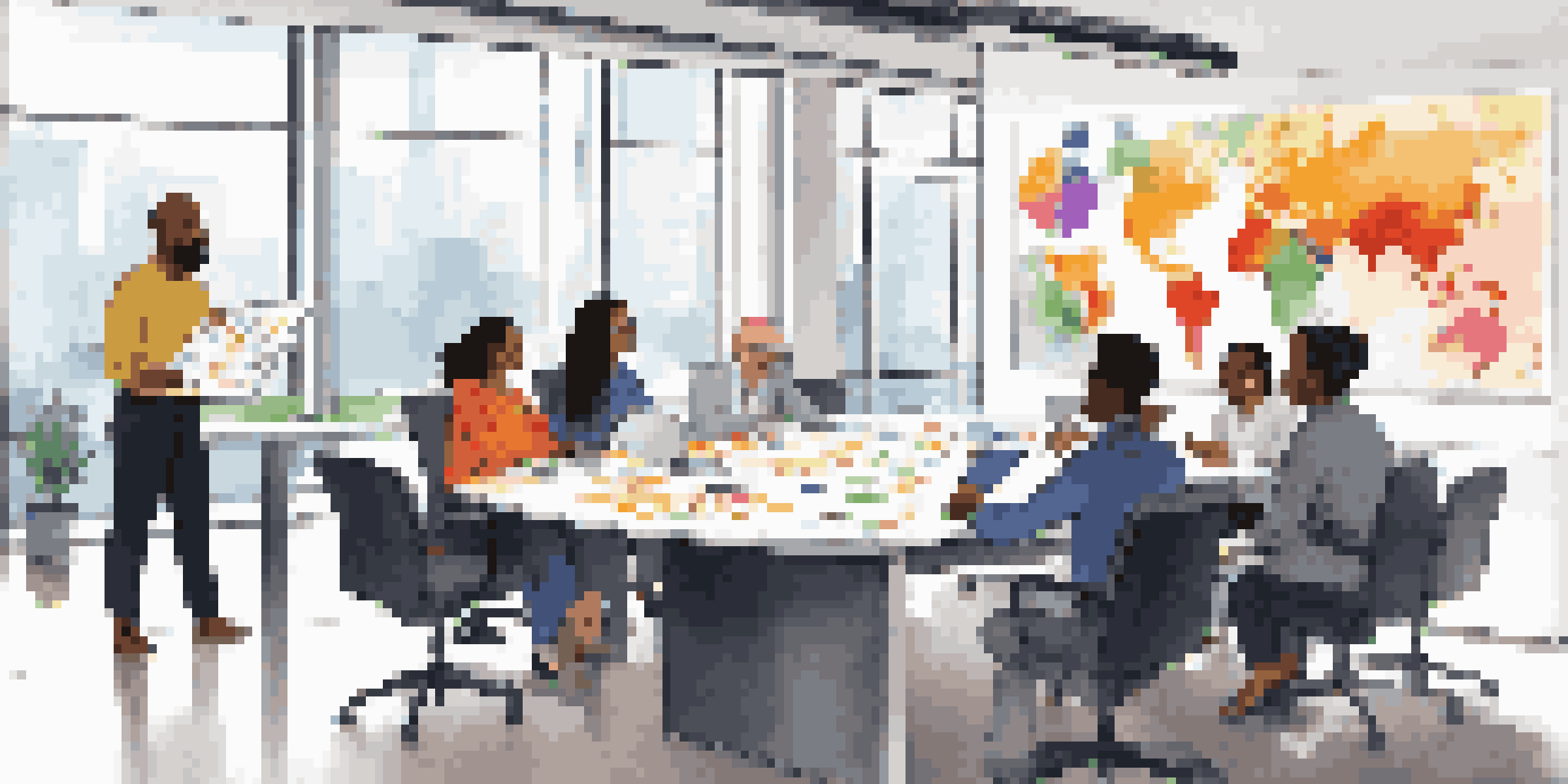 A diverse group of professionals working together in a bright conference room, discussing ideas around a table with graphs on a screen.