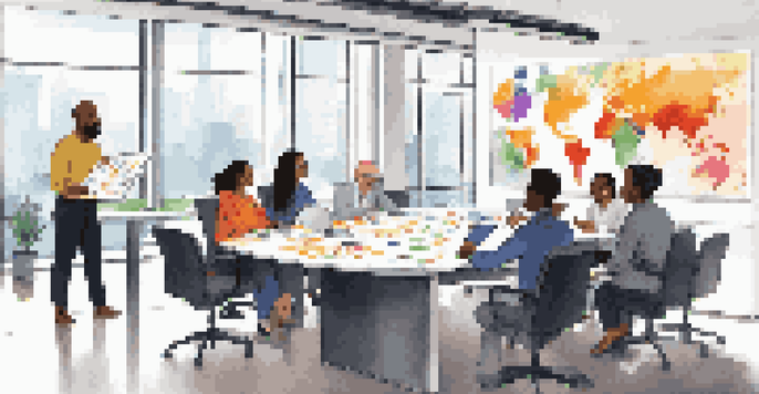 A diverse group of professionals working together in a bright conference room, discussing ideas around a table with graphs on a screen.