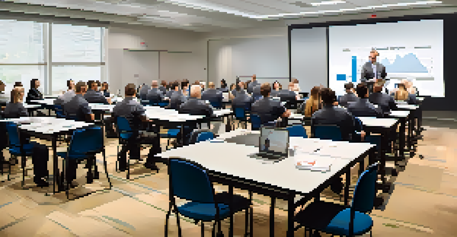 Employees participating in a disaster recovery drill in a corporate training session with a projector screen.