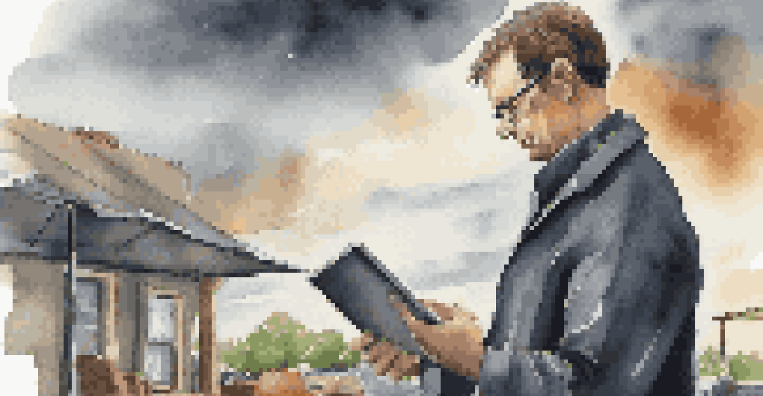 Small business owner using a tablet to check weather forecasts with a stormy sky behind them, representing proactive planning.