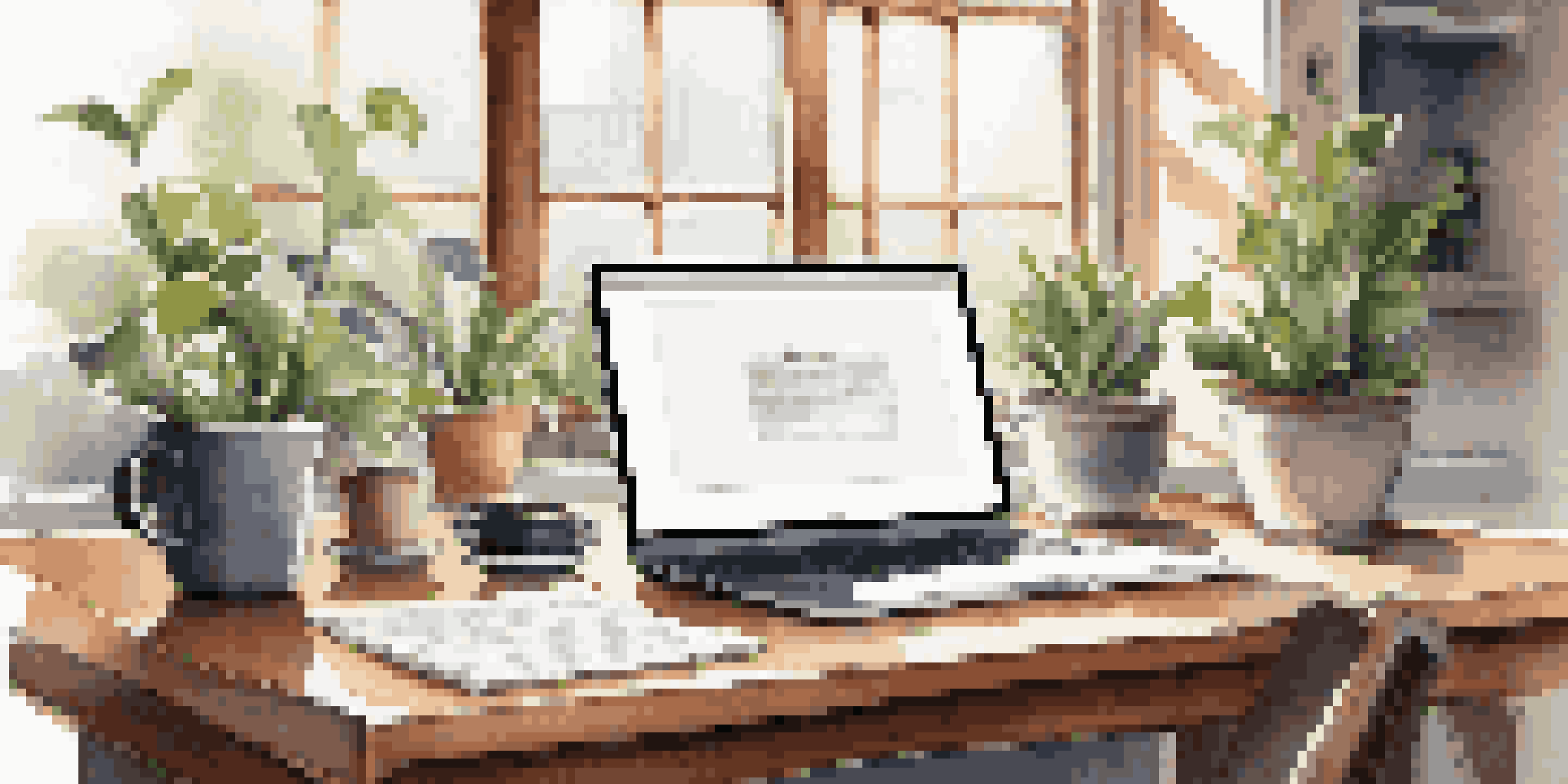 A modern workspace with a laptop, notes, a coffee cup, and a potted plant, illuminated by natural sunlight.