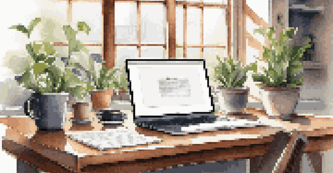 A modern workspace with a laptop, notes, a coffee cup, and a potted plant, illuminated by natural sunlight.