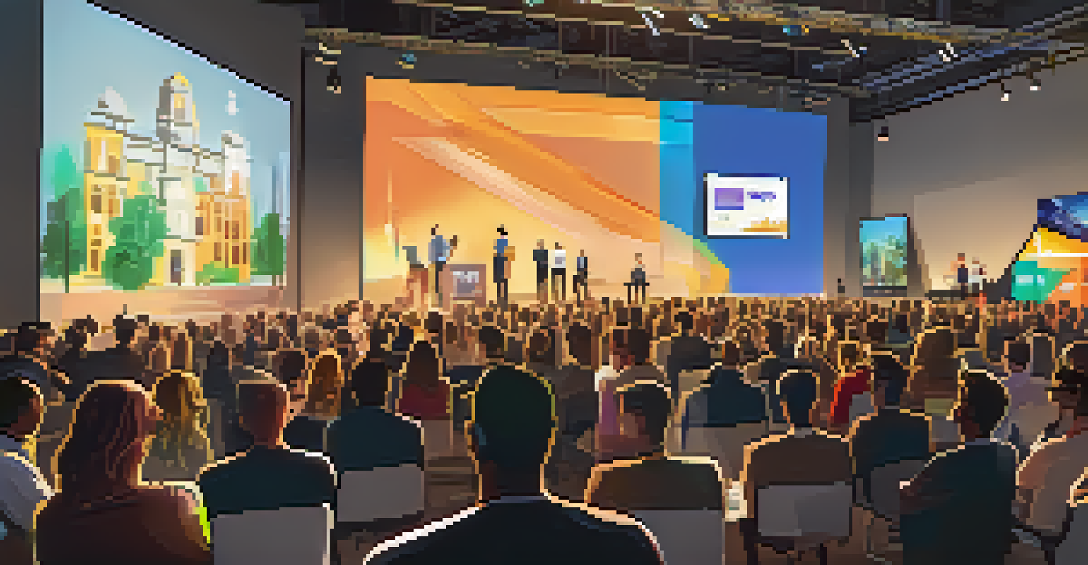 Entrepreneurs presenting ideas on stage during a demo day at a startup accelerator, with an engaged audience and bright lighting.