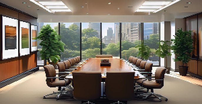 A well-lit professional meeting room with a large wooden table, leather chairs, and a whiteboard filled with notes, decorated with plants and art.