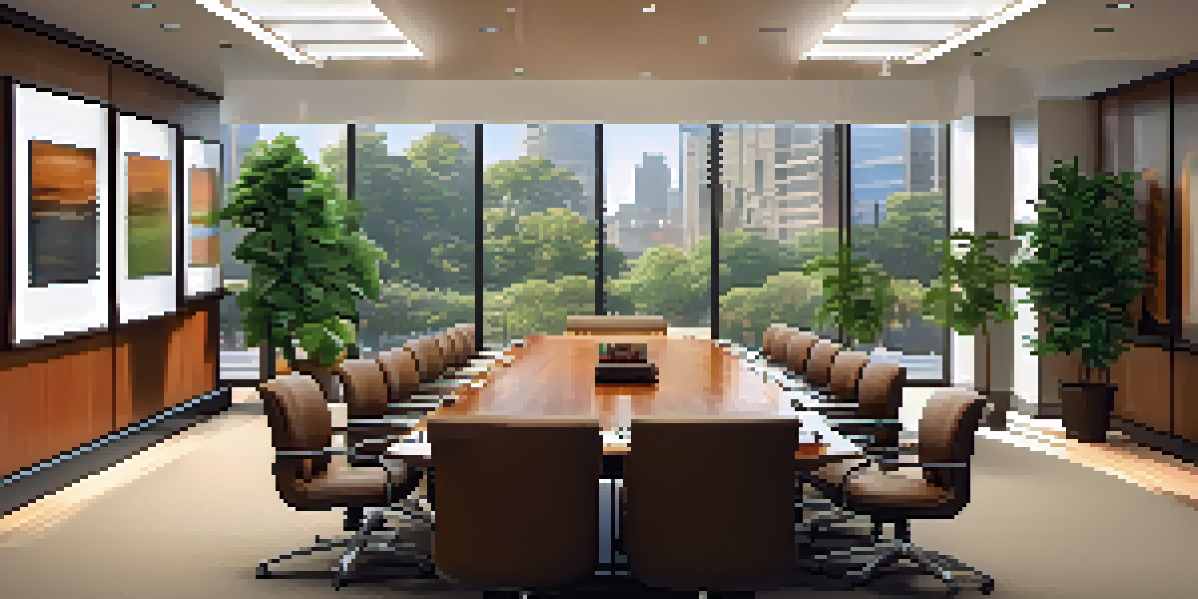 A well-lit professional meeting room with a large wooden table, leather chairs, and a whiteboard filled with notes, decorated with plants and art.