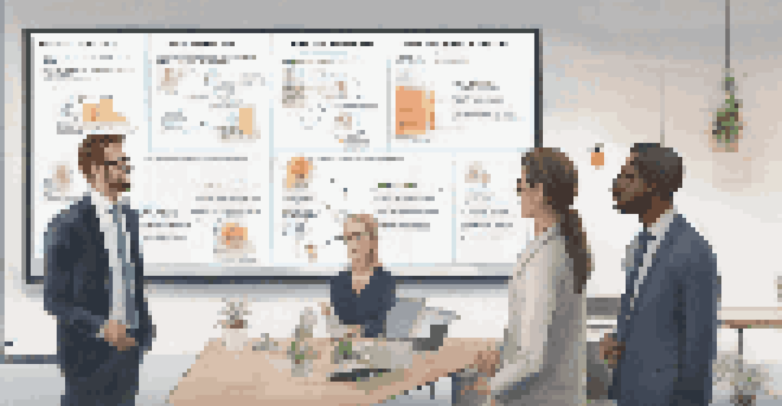 A digital screen showing a communication plan for an automation project in a modern office, with team members discussing it.