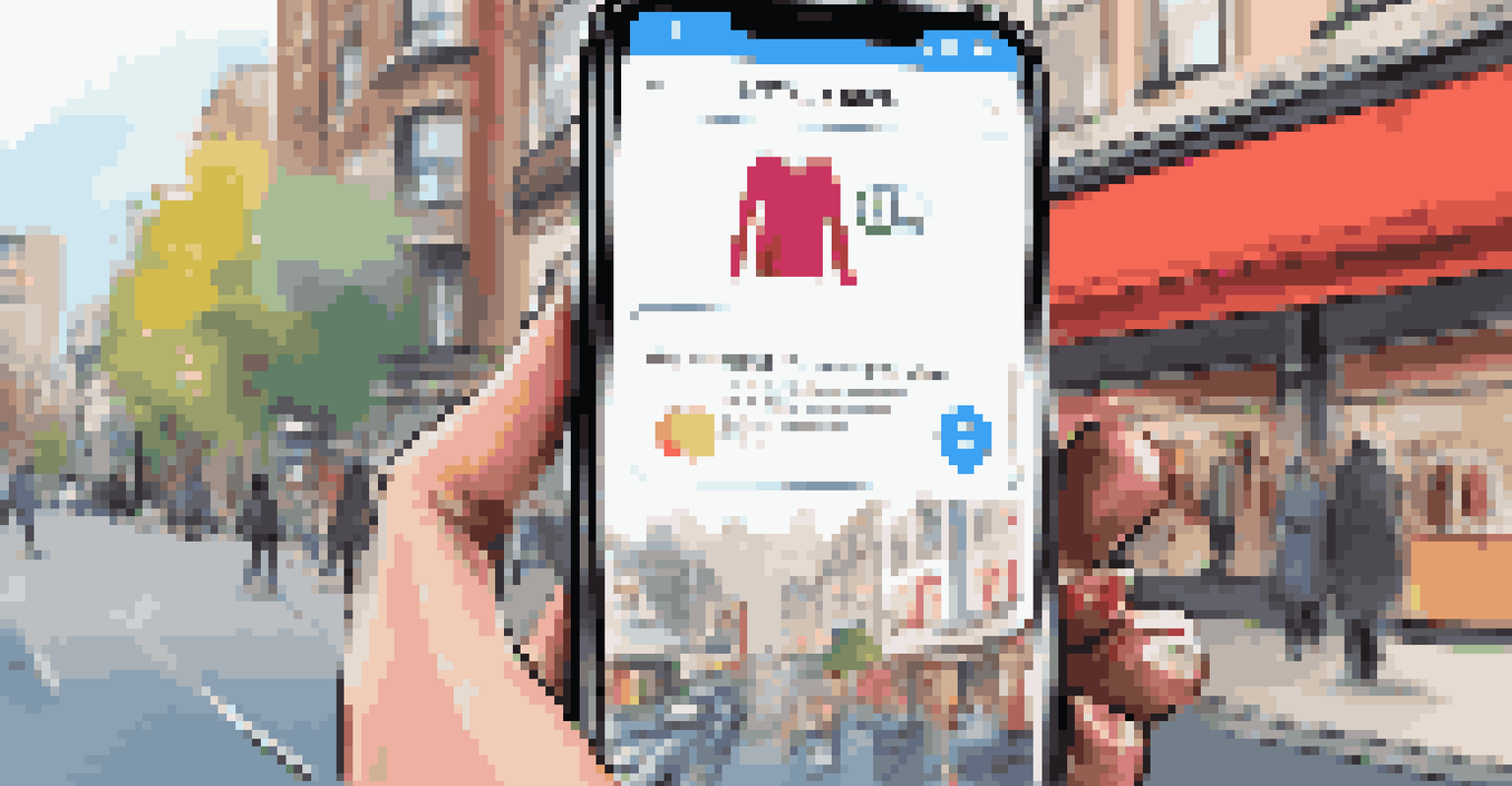 A close-up of a smartphone with a voice search interface against a blurred background of a busy city street.