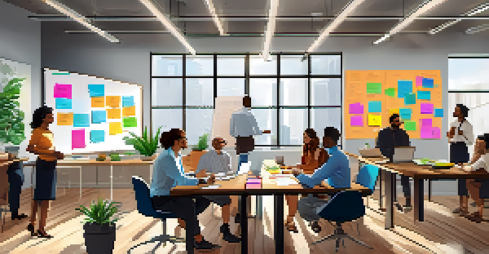A bright office with a diverse team discussing at a table, laptops and sticky notes around, and a whiteboard with diagrams.
