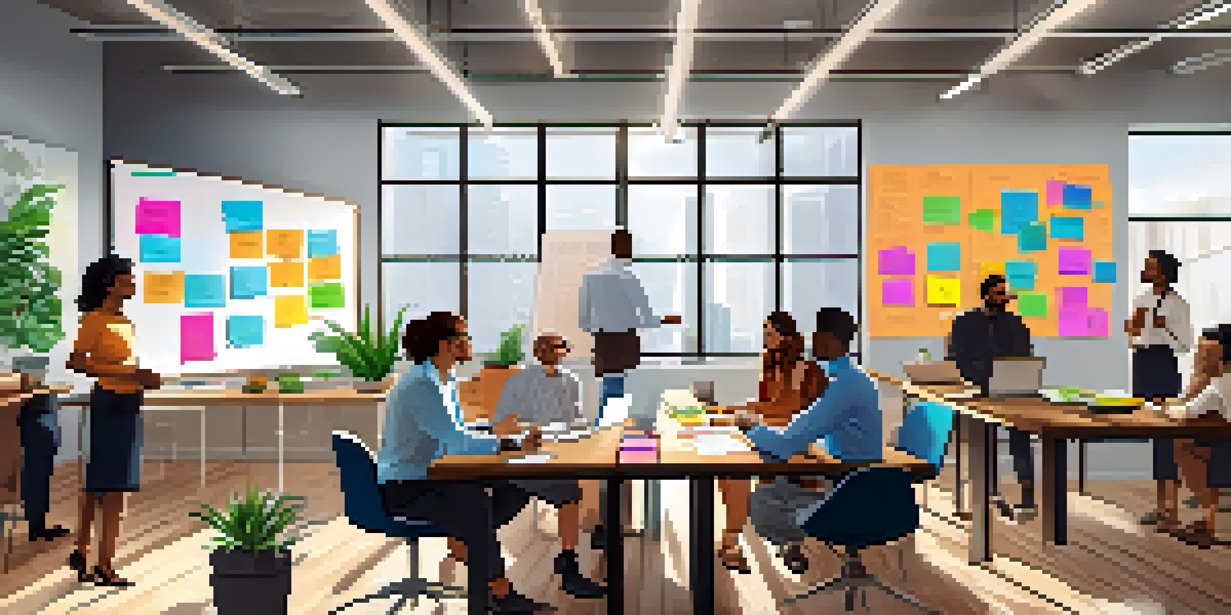 A bright office with a diverse team discussing at a table, laptops and sticky notes around, and a whiteboard with diagrams.