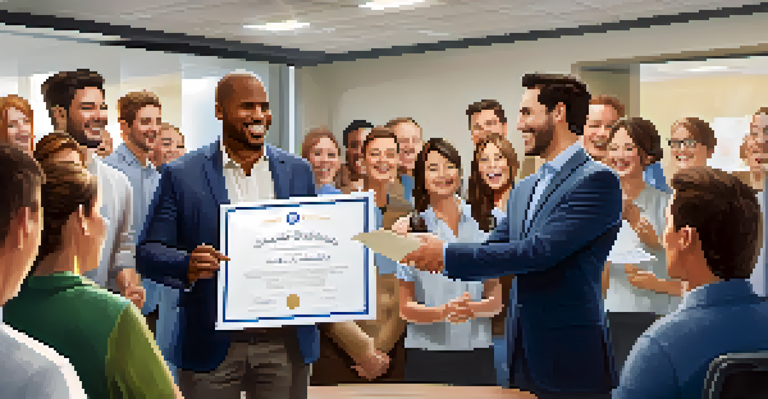 A manager presenting a certificate to an employee in a team meeting, with colleagues applauding in a warm office setting.