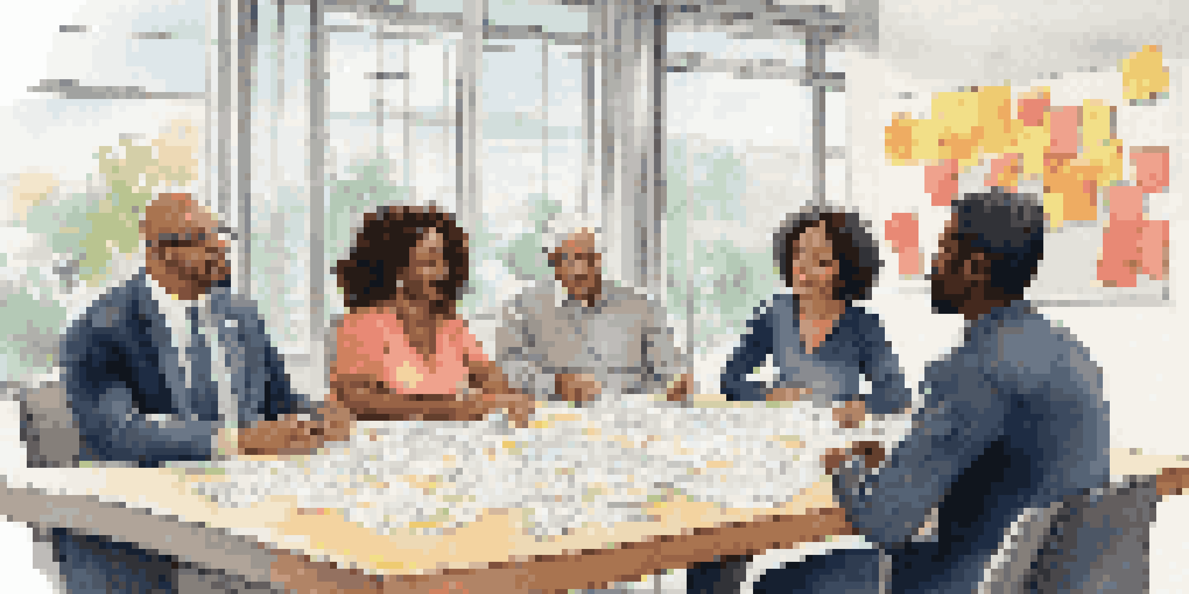 A diverse group of professionals brainstorming at a conference table, showcasing various ethnicities and ages.