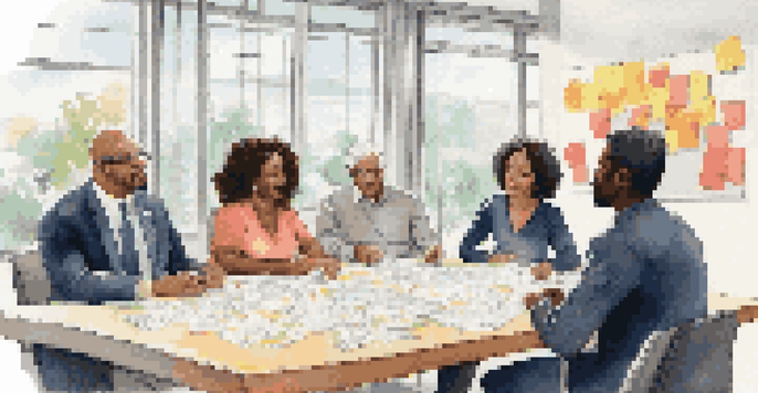 A diverse group of professionals brainstorming at a conference table, showcasing various ethnicities and ages.