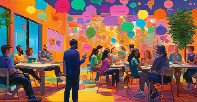 A colorful digital landscape showcasing diverse individuals interacting in an online community forum with chat bubbles and icons.