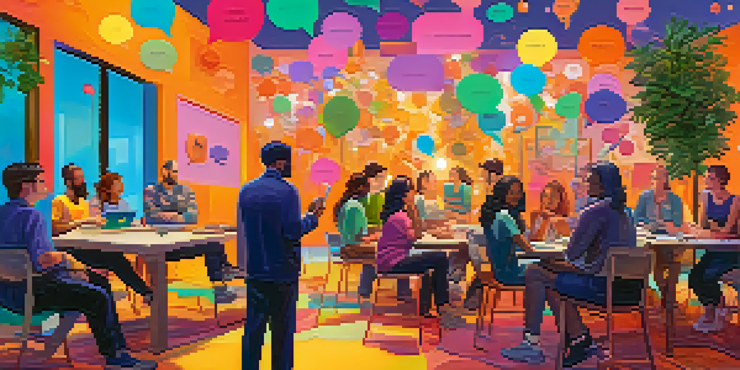 A colorful digital landscape showcasing diverse individuals interacting in an online community forum with chat bubbles and icons.