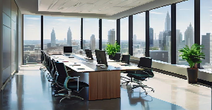 A modern conference room in a corporate office with a large glass table, ergonomic chairs, and a view of the city skyline. Natural light floods the room, and there are legal books and a laptop on the table.