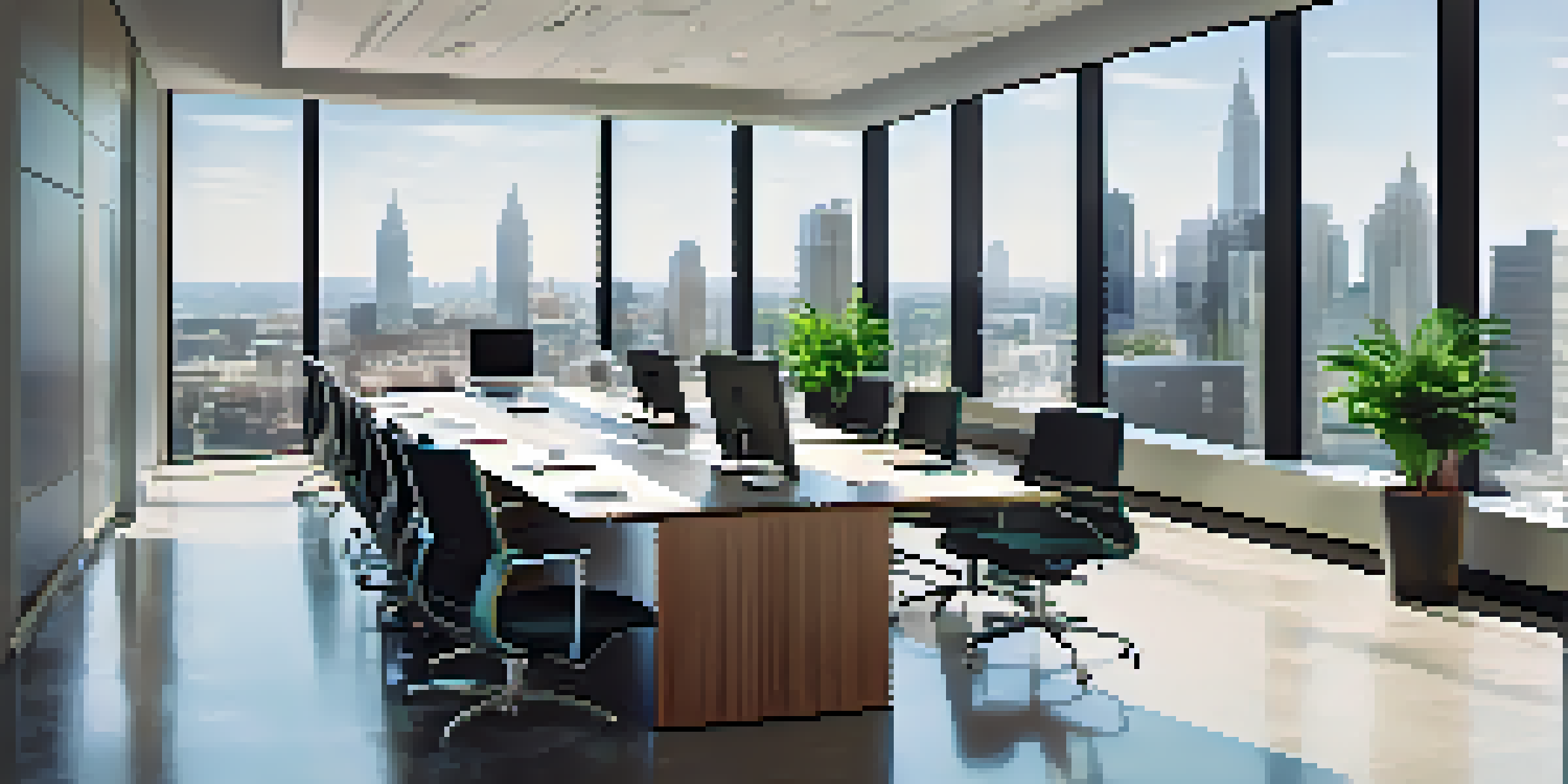 A modern conference room in a corporate office with a large glass table, ergonomic chairs, and a view of the city skyline. Natural light floods the room, and there are legal books and a laptop on the table.