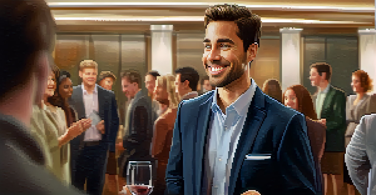 A person confidently delivering an elevator pitch to an engaged audience at a networking event.