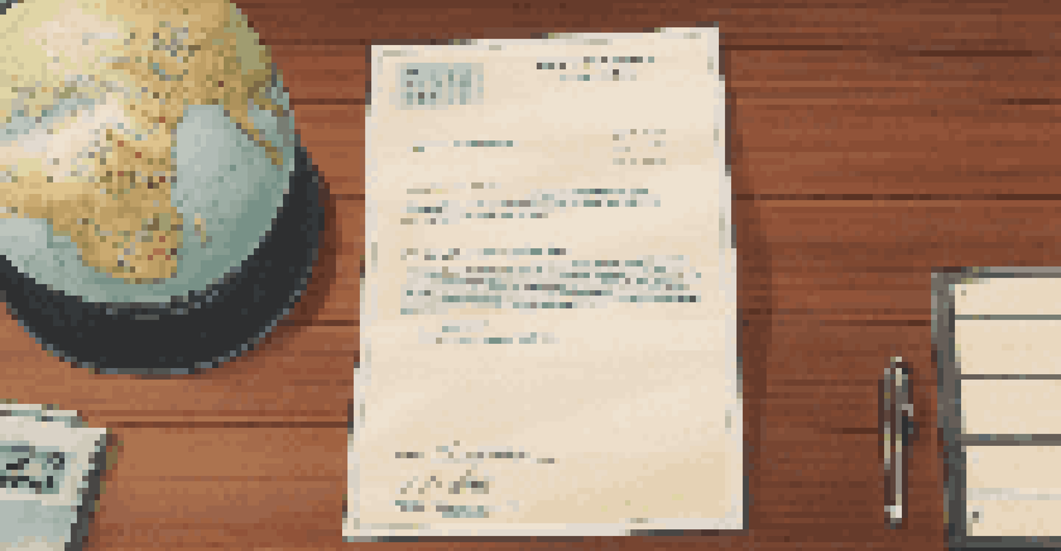 A close-up of a letter of credit document on a desk with a calculator and a globe, illuminated by natural light.