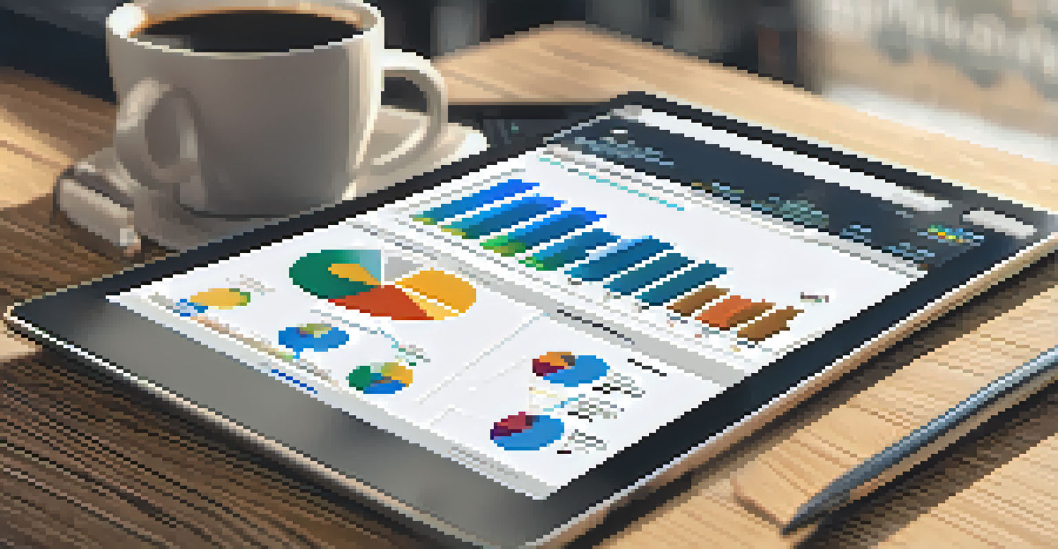 A digital tablet showing business transformation metrics on a wooden desk, with a notebook and coffee cup nearby.