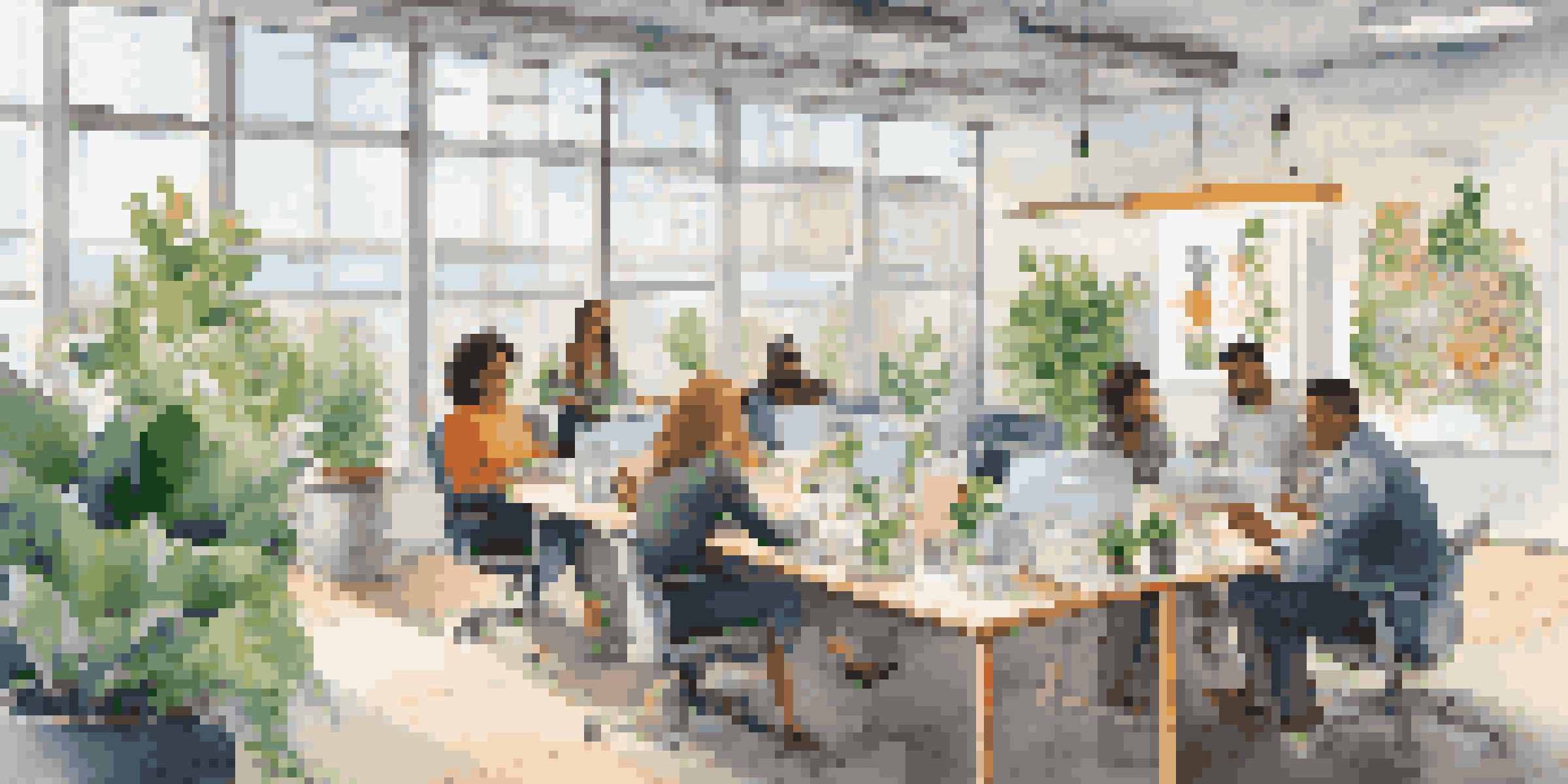 A bright and modern office where diverse employees are collaborating at a round table, with large windows, colorful art, and indoor plants.