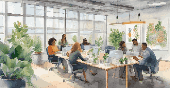 A bright and modern office where diverse employees are collaborating at a round table, with large windows, colorful art, and indoor plants.